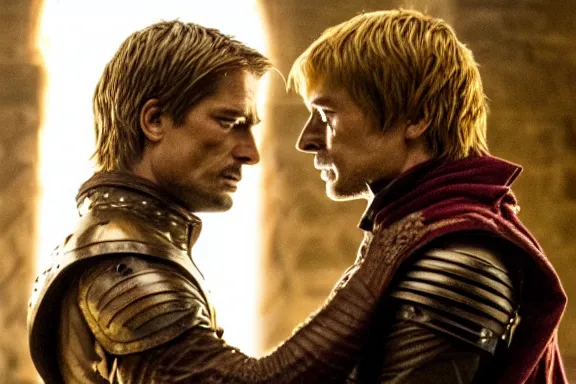 Image similar to very very intricate photorealistic photo of jaime lannister fighting cersei, photo is in focus with detailed atmospheric lighting, award - winning details