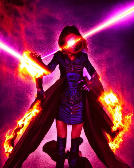 Image similar to pyromancer devil girl cover in purple death flames, deep pyro colors, purple laser lighting, award winning photograph, radiant flares, realism, lens flare, intricate, various refining methods, micro macro autofocus, evil realm magic painting vibes
