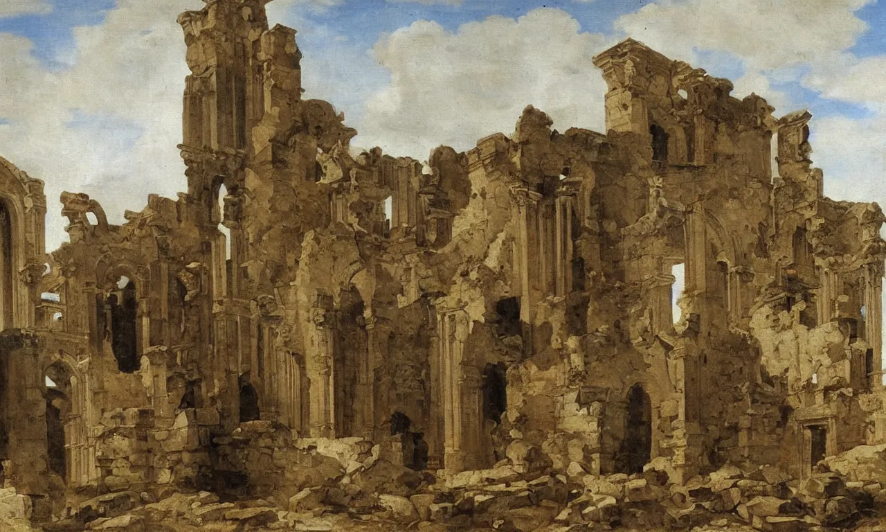 Prompt: a very detailed oil painting of the ruins of a Romanesque monastery in the city of Palencia, by Velazquez