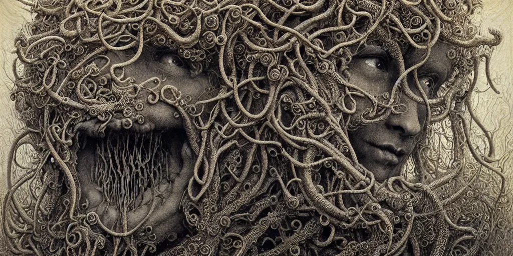 Prompt: detailed realistic beautiful tyrolean farmer hay monster god face portrait by jean delville, gustave dore, iris van herpen and marco mazzoni, art forms of nature by ernst haeckel, art nouveau, symbolist, visionary, gothic, neo - gothic, pre - raphaelite, fractal lace, biodiversity, surreality, hyperdetailed ultrasharp octane render