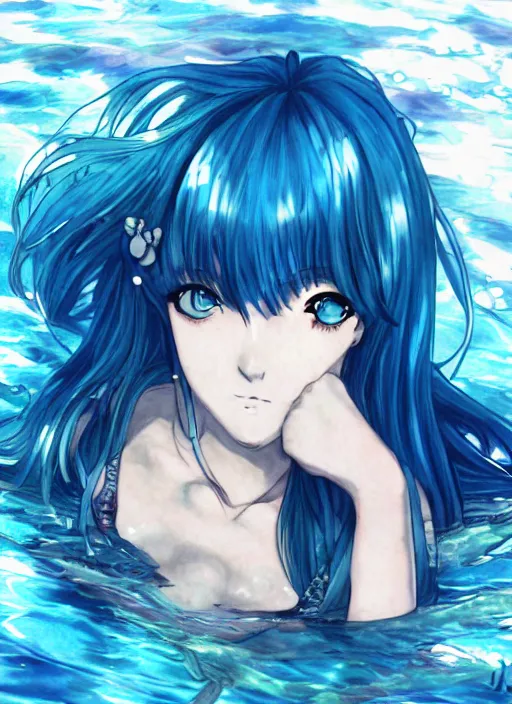 Image similar to a woman with blue hair sitting underwater, a beautiful anime drawing by yuumei, featured on pixiv, rayonism, pixiv, seapunk, very anime anime!! detailed