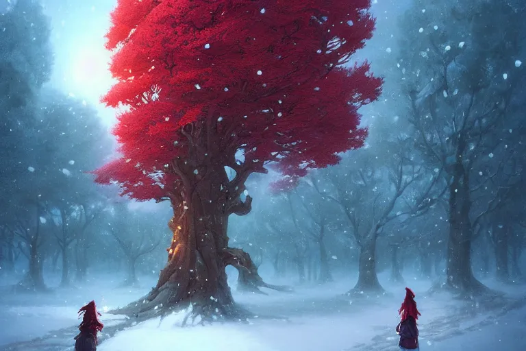 Image similar to giant tree in snow with red flowers, unreal engine, fantasy art by greg rutkowski, loish, rhads, ferdinand knab, makoto shinkai and lois van baarle, ilya kuvshinov, rossdraws, tom bagshaw, global illumination, radiant light, detailed and intricate environment