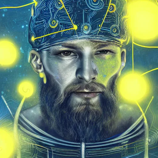 Image similar to mythological viking Shaman of artificial intelligence creating an artificial neural network with yellow synapses on an anvil, high resolution, award winning art, trending on art station, sharp image, incredibly detailed, detailed character realistic painting