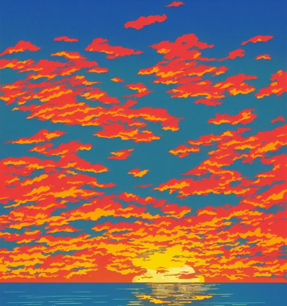 Image similar to gorgeous romantic sunset, cliffside onlooking the beautiful city of new york, warm colors, tropical, in the style of hiroshi nagai, very detailed, tropical, 8 0 s