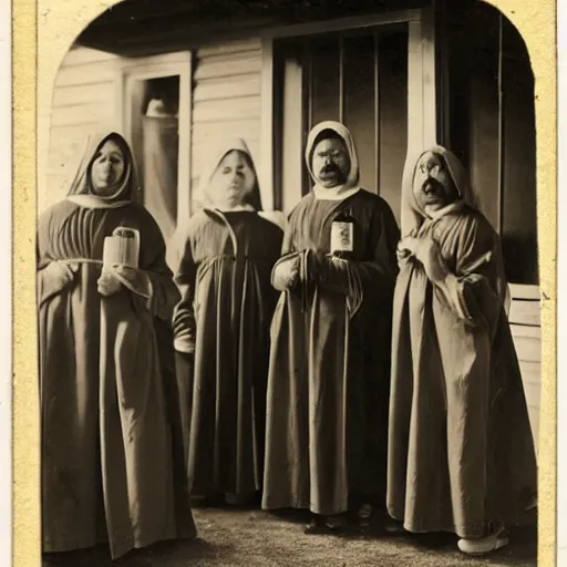 Image similar to worshippers dressed in robes belonging to the cult of porch. A porch. 1800s photo.