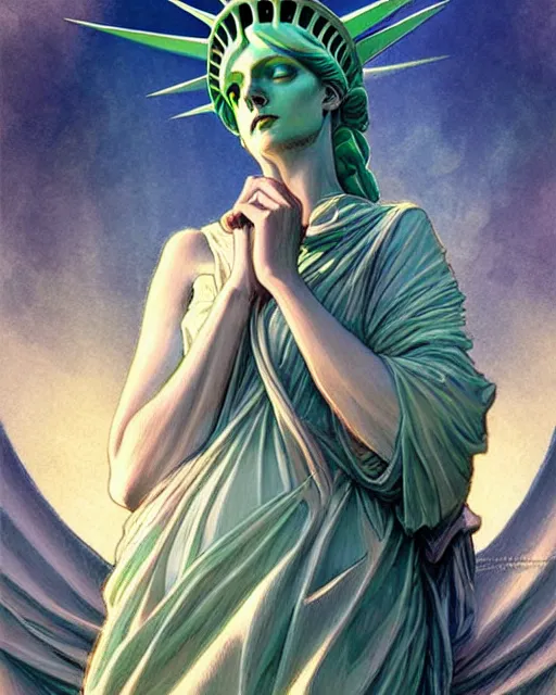 Image similar to Beautiful and playful ethereal lady liberty, art nouveau, fantasy , elegant, highly detailed, sharp focus, art by Artgerm and Greg Rutkowski and WLOP