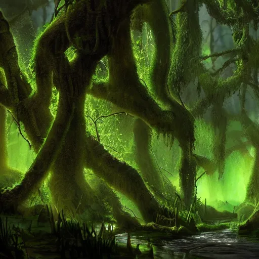 Image similar to [ [ mossy swamp ] ] : : [ disney animation ] : : fantasy, epic : : realistic lighting, shading, shadows : : glowing green : : [ [ biopunk art ] ] : : 8 k