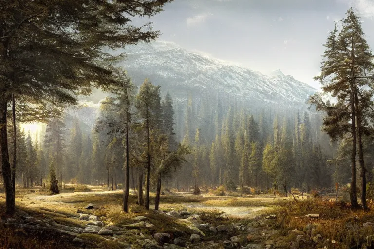 Image similar to A beautiful painting of russian village in dark forest by ivan shishkin and arkhip kuindji, trending on artstation,matte painting