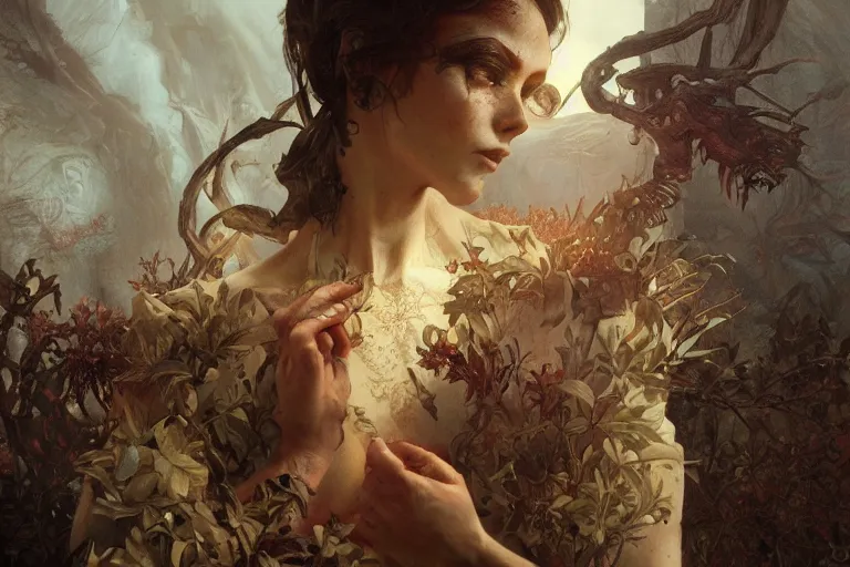 Image similar to a painting of hell, agony, pain, scary, creepy, concept art, intricate details, eerie, highly detailed, photorealistic, octane render, 8 k, unreal engine. art by artgerm and greg rutkowski and alphonse mucha