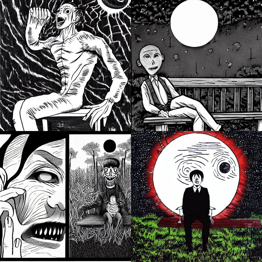 Prompt: in the style of Junji Ito:: a man sitting on a park bench smiling:: bushes with sweaty eyes:: a darkness descending:: fear horror disgust:: a broken moon