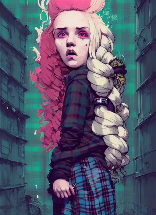 Image similar to highly detailed portrait of a sewer punk lady, tartan hoody, blonde ringlet hair by atey ghailan, by greg rutkowski, by greg tocchini, by james gilleard, by joe fenton, by kaethe butcher, gradient magenta, black, blonde cream and white color scheme, grunge aesthetic!!! ( ( graffiti tag wall background ) )