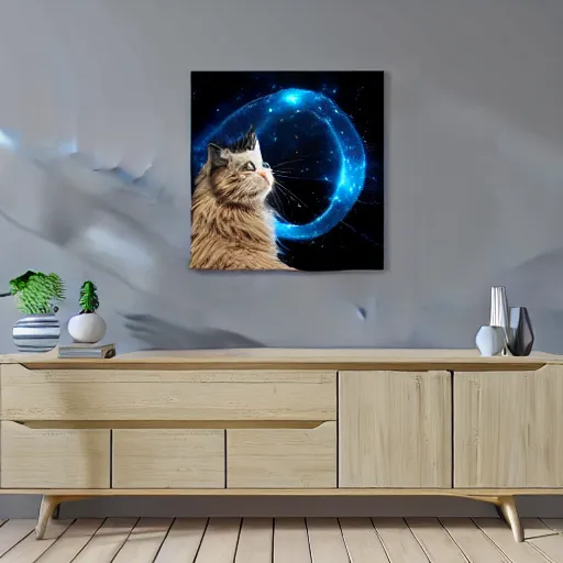 Image similar to realistic giant maine coon cat in space nebula art