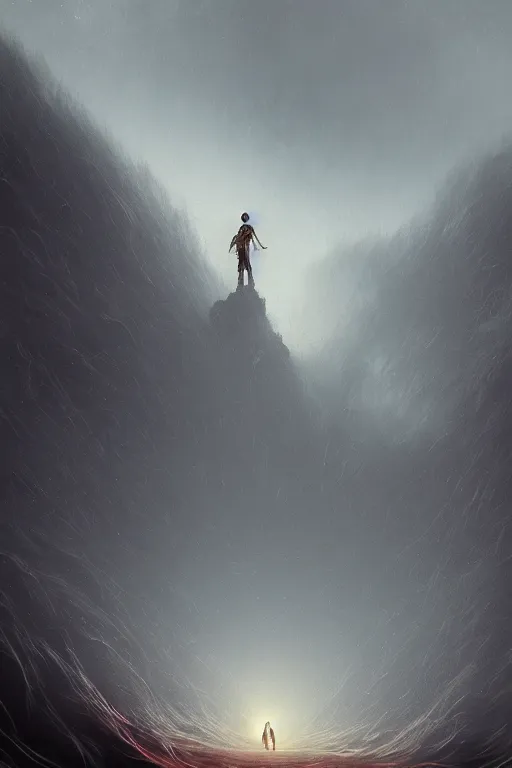 Prompt: a realistic detail of a lonely world, huge giant guardian statue, abandoned, shining star, the born fire, traveller, raining, mist by Julian calle, Leonardo Calamati, wlop, Beksiński, Dylan cole, Erak note, Denis Villeneuve, Ben Nicholas, Anton Fadeev, thomas kinkade, rutkowski, Finnian MacManus, Syd Mead, Trending on artstation, blue and black scheme, 8k, Unreal Engine