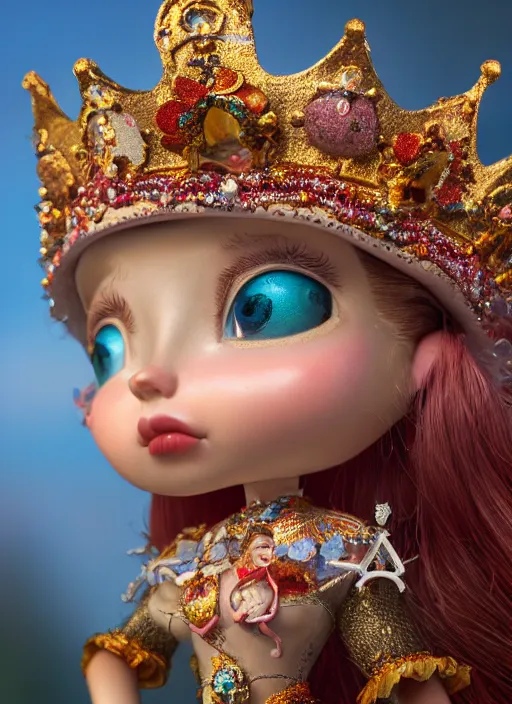 Image similar to closeup profile portrait of tin toy fairytale princess wearing a crown, bikini, depth of field, zeiss lens, detailed, symmetrical, centered, fashion photoshoot, by nicoletta ceccoli, mark ryden, lostfish, breathtaking, 8 k resolution, extremely detailed, beautiful, establishing shot, artistic, hyperrealistic, octane render