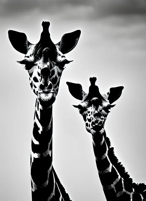 Prompt: two giraffe black and white portrait white sky in background