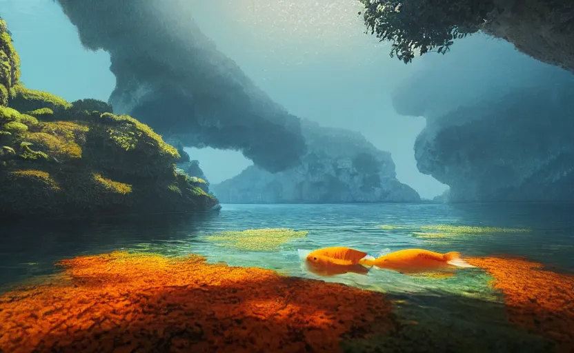 Prompt: a cave lake with some orange fish swimming inside, studio ghibli, pixar style, octane render, unreal engine 5, path traced, highly detailed, high quality, 8 k, soft lighting, godrays, complementary colors, natural lighting, water parallax, serene landscape, beautiful, elegant, digital painting