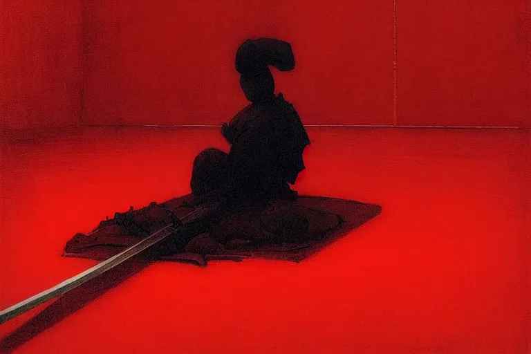 Image similar to only with red, a red samurai do seppuku, tokio, a lot of frogs watch, in the style of beksinski, parts by edward hopper, parts by rodcenko, parts by yue minjun, intricate and epic composition, red by caravaggio, insanely quality, highly detailed, masterpiece, red light, artstation, 4 k