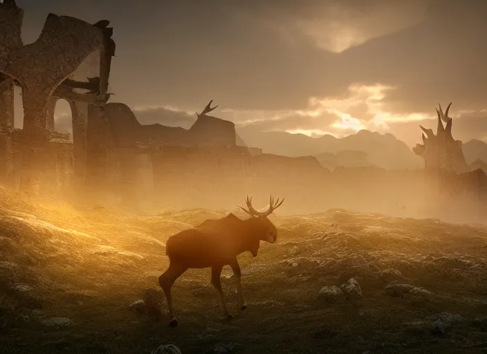 Image similar to a viking riding a moose walks in the ruins of a viking village, horror, dramatic lighting, dawn, by caspar david friedrich, unreal engine 5