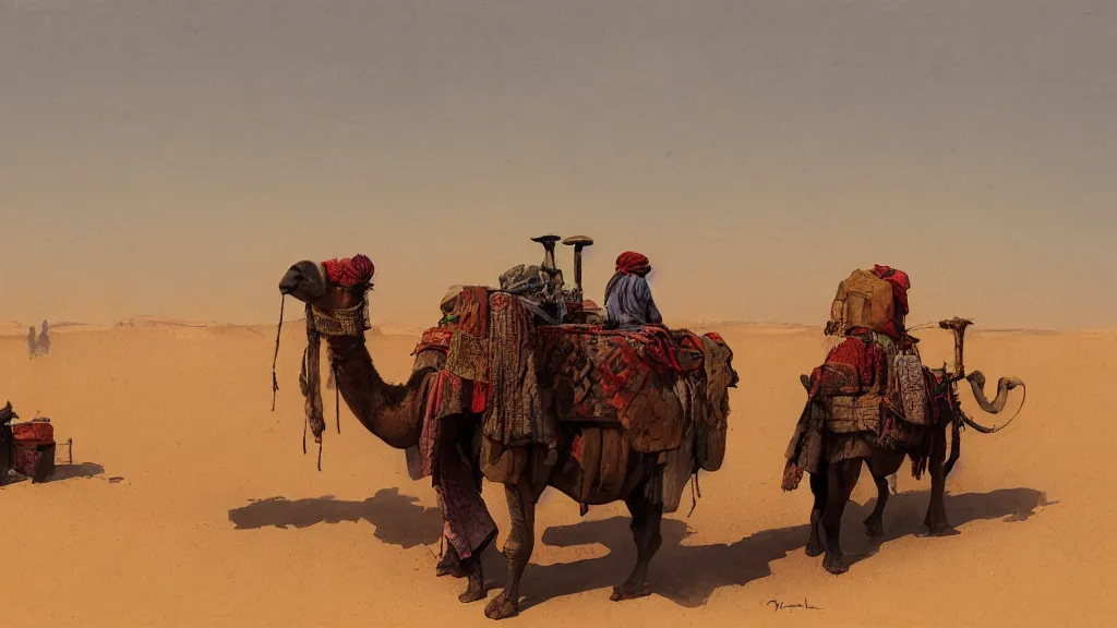 Prompt: desert landscape with arabian merchant with colored bags feeding a camel, rule of thirds, watercolored, jakub rozalski, dark colours, dieselpunk, artstation