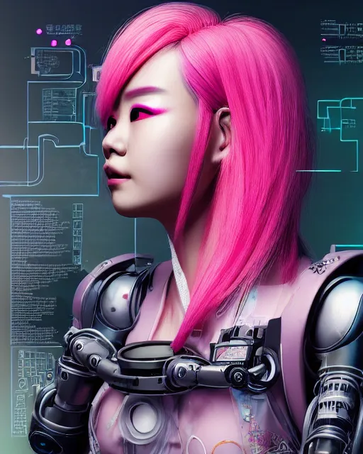 Image similar to portrait of a beautiful asian woman with pink hair as a cyberpunk cyborg half robot, skin open to reveal wires and electronics, sci - fi, missing panels, intricate abstract upper body intricate artwork, concept art, octane render, deviantart, cinematic, key art, hyperrealism, iridescent accents, portrait photograph, nikon 3 5 mm, photograph by greg rutkowski