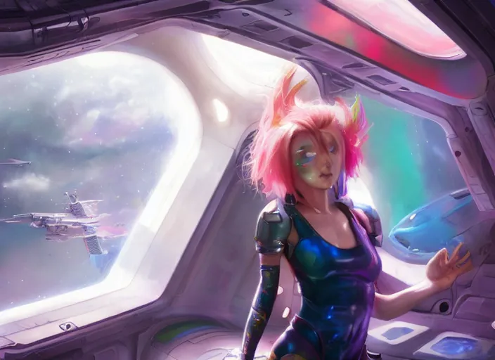 Prompt: a girl with rainbow hair standing in a spaceship, futuristic spaceship, official art, by bayard wu, by ross tran, realistic expressive oil painting, cgsociety, anime style, detailed spaceship interior, octane render