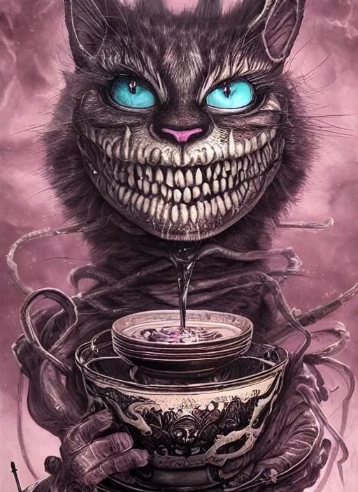 Image similar to Cheshire Cat drinking tea, Death Tarot card,highly detailed,half skull face,cinematic,8k,by Stanley Artgermm,Tom Bagshaw,Greg Rutkowski,Carne Griffiths, Ayami Kojima, Beksinski, Giger,trending on DeviantArt,hyper detailed,horror, full of colour