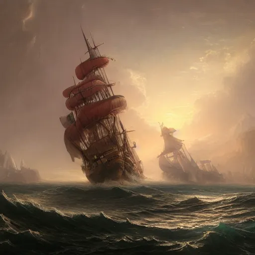 Prompt: a detailed dramatic matte painting of a galleon sailing on tumultuous seas, painting by Noah Bradley and Thomas Cole, trending on ArtStation.