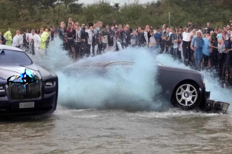 Image similar to Teenagers push Rolls-Royce into lake with their hands from a small slide wanting to drown him