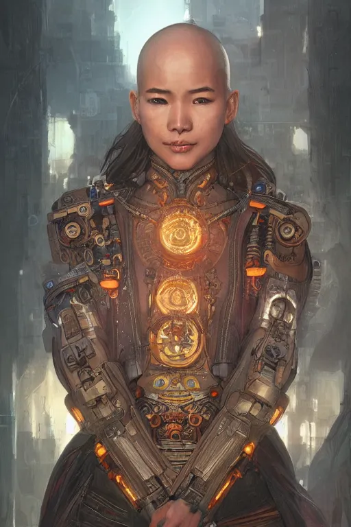 Prompt: Ultra realistic illustration, Cyborg Tibetan monk, cyberpunk, sci-fi, fantasy, intricate, elegant, highly detailed, digital painting, artstation, concept art, smooth, sharp focus, illustration, art by artgerm and greg rutkowski and alphonse mucha