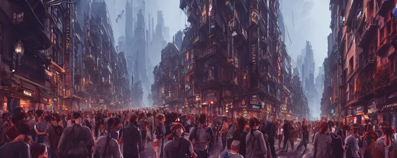 Image similar to an intricate detail of a city street in the metaverse with crowd wearing vr headsets, highly detailed, Artstation, concept art, hyper realistic, cgsociety