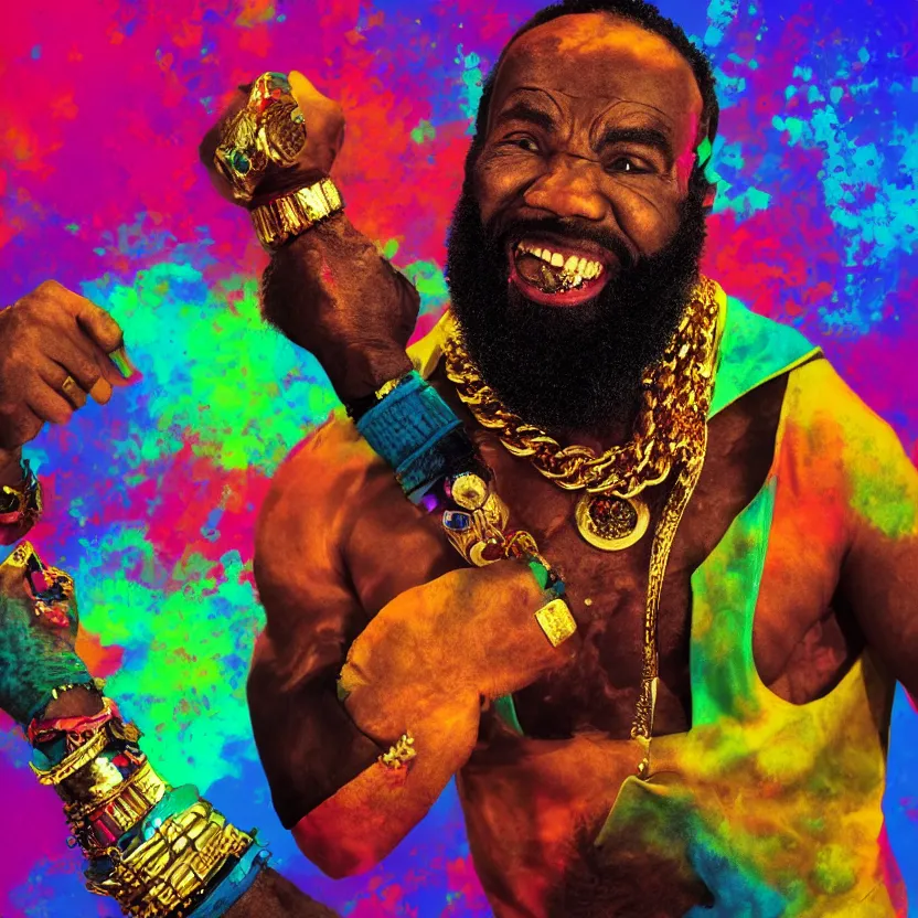 Image similar to mr. t pitying all the fools, hyper color, stylized photo, gold chains, digital art