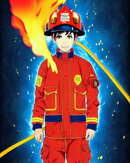 Image similar to fireman, cool pose, fire jacket, helmet, covered in beautiful flames!!! | | very very anime!!!, beautiful fine - face, audrey plaza, realistic shaded perfect face, fine details. anime. realistic shaded lighting poster by ilya kuvshinov katsuhiro otomo ghost - in - the - shell, magali villeneuve, artgerm