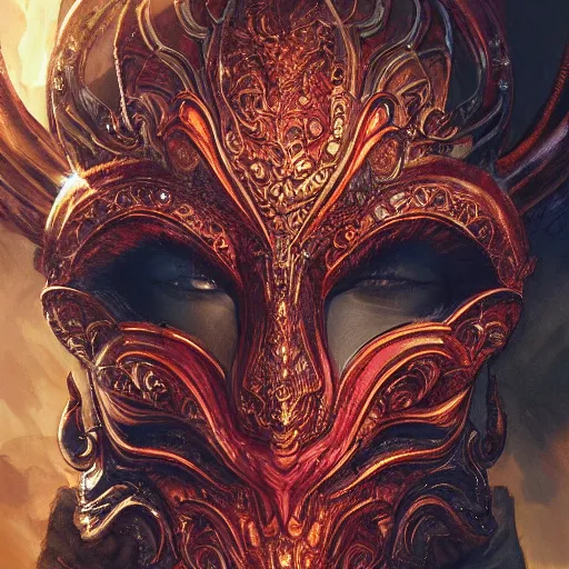 Image similar to Very very very very highly detailed epic photo of face with fiery demonic venetian mask, intricate, dystopian, sci-fi, extremely detailed, digital painting, artstation, concept art, smooth, sharp focus, illustration, intimidating lighting, realistic, incredible art by Artgerm and Vincent di Fate and Anton Pieck