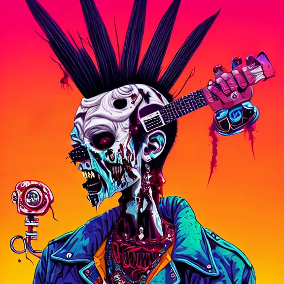 Image similar to a zombie punk rocker with a mohawk playing electric guitar, tristan eaton, victo ngai, artgerm, rhads, ross draws