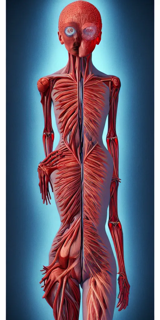 Image similar to poster design, full body anatomical model, 3 d photographic render of a deconstructed asymmetric human anatomical correct human body, in hoc signo vinces, waterfall, in the style of leonora carrington, gottfried helnwein, intricate composition, blue light by caravaggio, insanely quality, highly detailed, masterpiece, red light, artstation