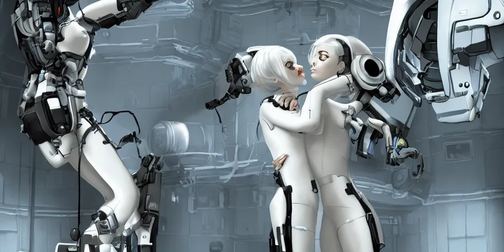 Image similar to glados from portal 2 making out, photo, highly detailed, cinematic still