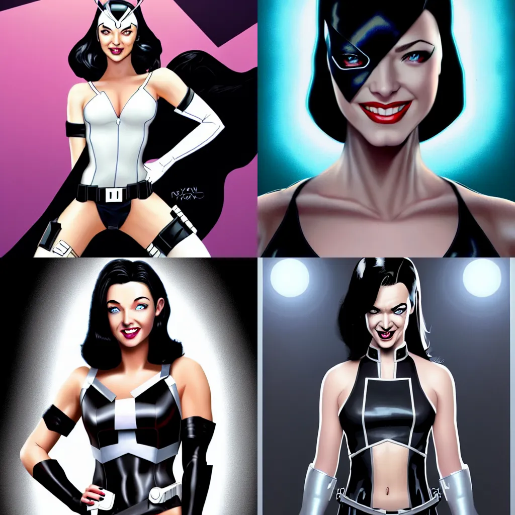 Prompt: Beautiful female Peyton List as Domino Marvel comics, black hair, pure pale white skin, dark black diamond drawn over left eye, smile and showing face, middle shot, exciting, fun, realistic character concept, in the X-Men danger room, illustration, slender symmetrical body:: artstation, cinematic lighting, hyperdetailed, cgsociety, 8k, high resolution:: Tom Bagshaw, Joshua Middleton, Gottfried Helnwein, Rafeal Albuquerque comic:: insanely detailed and intricate