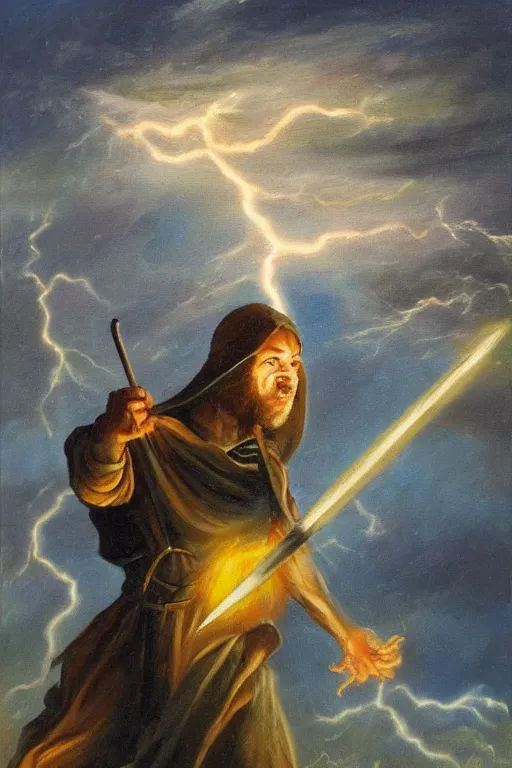 Prompt: oil painting of a wizard holding a sword that’s getting shocked by lightning towards the sky