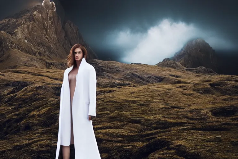 Prompt: a cinematic bust!!!!!! portrait of a beautiful model woman!!!!!! wearing long white futuristic coat, on the top of a mountain, large diffused light, neon light, 4 k, ultra realistic, dramatic lighting, rain, clouds, fog, vogue, fashion, glamour, magazine spread, by marco mazzoni and jessica rossier