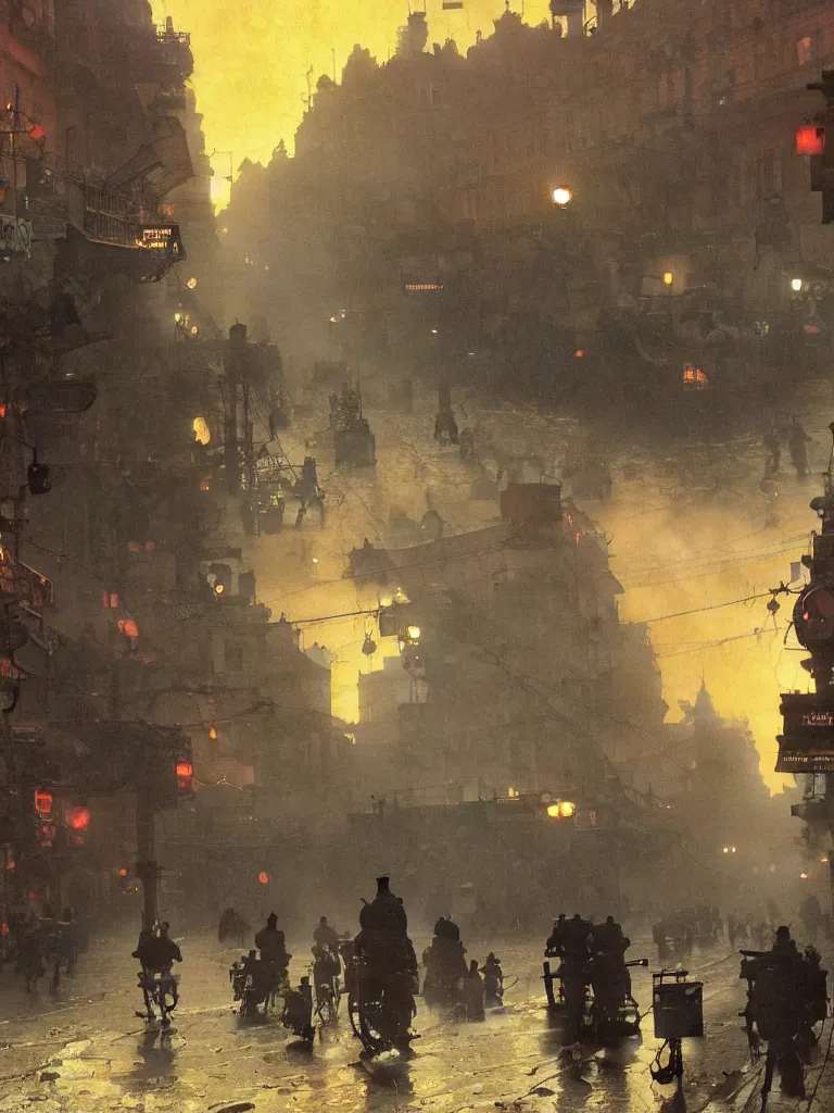 Prompt: a large dieselpunk city street at dusk in russia during the 1 9 1 0 revolution, craig mullins, winslow homer