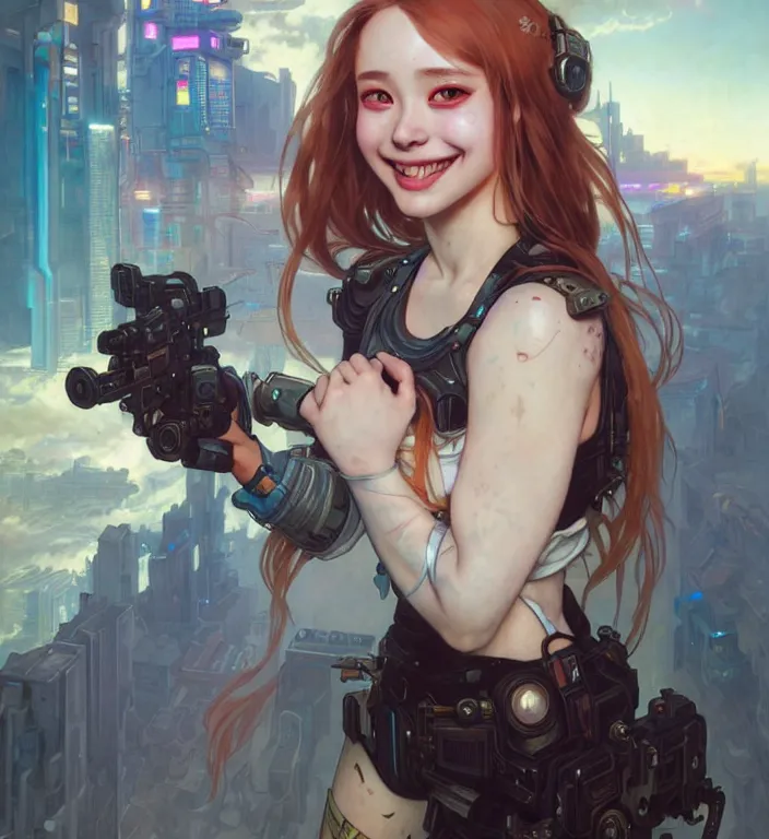 Image similar to full body painting of chuu loona cyberpunk mercenary smiling and jumping, perfect face, ultra realistic, concept art, intricate details, eerie, highly detailed, photorealistic, octane render, 8 k, unreal engine. art by artgerm and greg rutkowski and magali villeneuve and alphonse mucha