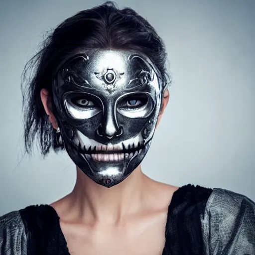 Image similar to A new dark hero for blockbuster movies. A beautiful woman wearing a silver skeletal mask, engraved with ancient detailed patterns. Attractive eyes. A fearless smile. Blurred background. Earrings.