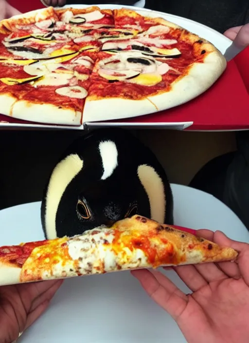 Image similar to photo of a penguin eating a pizza slice