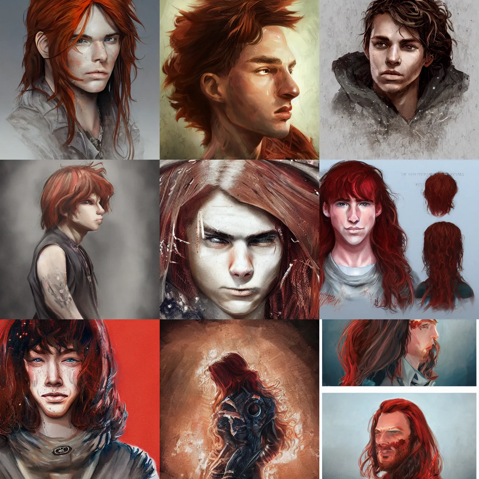 Prompt: portrait of a teen boy with long red hair and a lot of freckles and a stockier build, intricate, elegant, highly detailed, digital painting, artstation, concept art, sharp focus, illustration