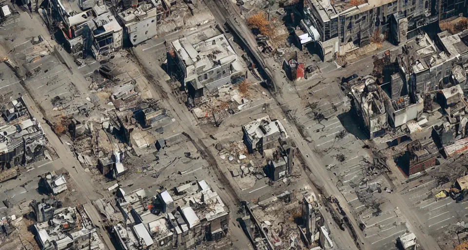 Prompt: aerial view of dilapidated zombie - apocalypse new york city in real life, desolate with zombies, dilapidated, zombies in the streets, nightmarish, some rusted style parked vehicles, sunny weather, few clouds, volumetric lighting, photorealistic, daytime, autumn, sharp focus, ultra detailed, cgsociety