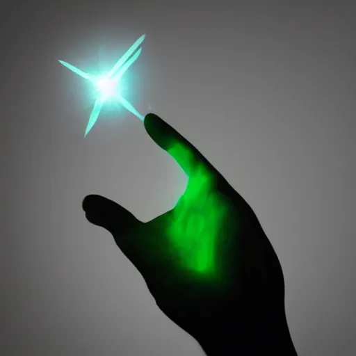 Image similar to an open hand facing up, a glowing shard of kryptonite is floating above the palm of the hand, pitch dark room