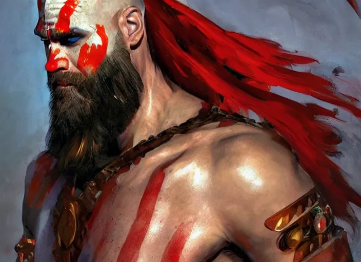 Image similar to a highly detailed beautiful portrait of jim carrey as kratos, by gregory manchess, james gurney, james jean