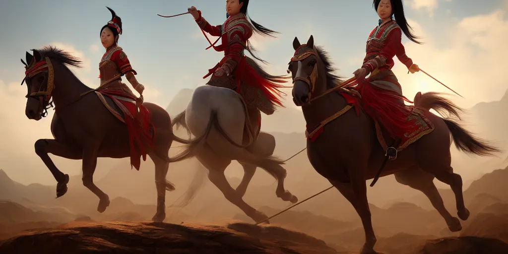 Image similar to painting of asian lady on horseback, hyper - realistic, unreal engine, octane render, digital art, trending on artstation, 8 k, detailed, atmospheric, immaculate