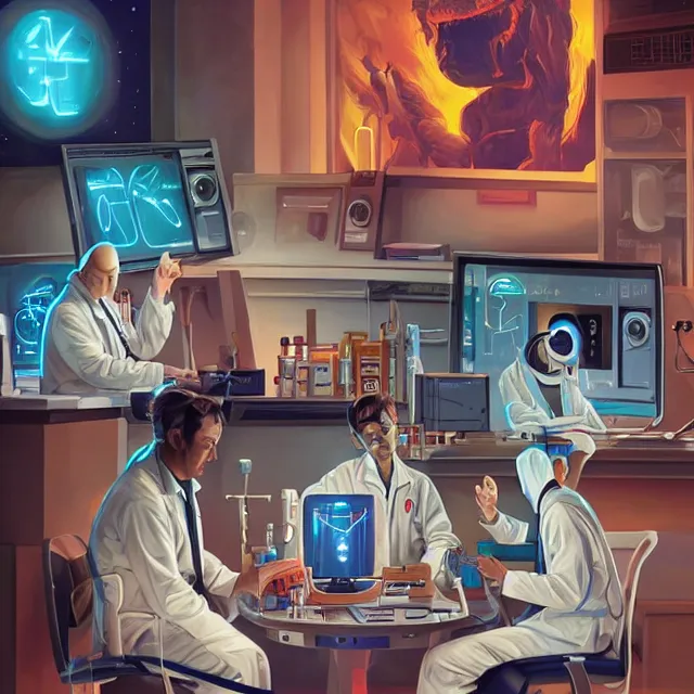 Prompt: engineers and scientists in labcoats confront a malevolent computer, glowing digital runes, panic, ross tran, ( futurism ), rhads!!!, james gurney, ( art fitzpatrick ), ( asaf hanuka ), ( ( barclay shaw ) ), ominous, saturday morning cartoon, clean linework, western animation