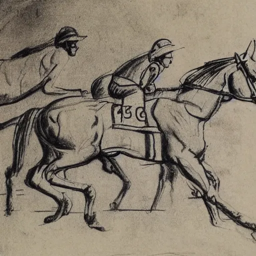 Prompt: horse racing sketch, ink on paper, by Leonardo da Vinci